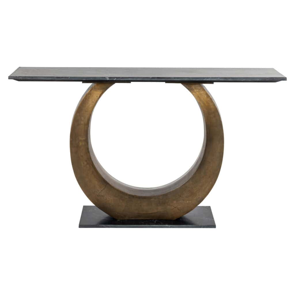 Unieke console tafel met ronde basis en strakke bovenkant, perfect voor moderne interieurontwerp.
