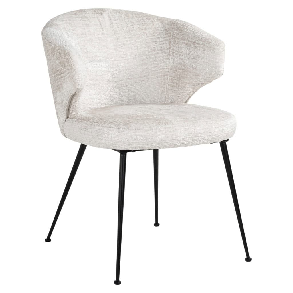 Houten en stoffen eetkamerstoel met zwart frame, modern en comfortabel design voor elegante interieu.