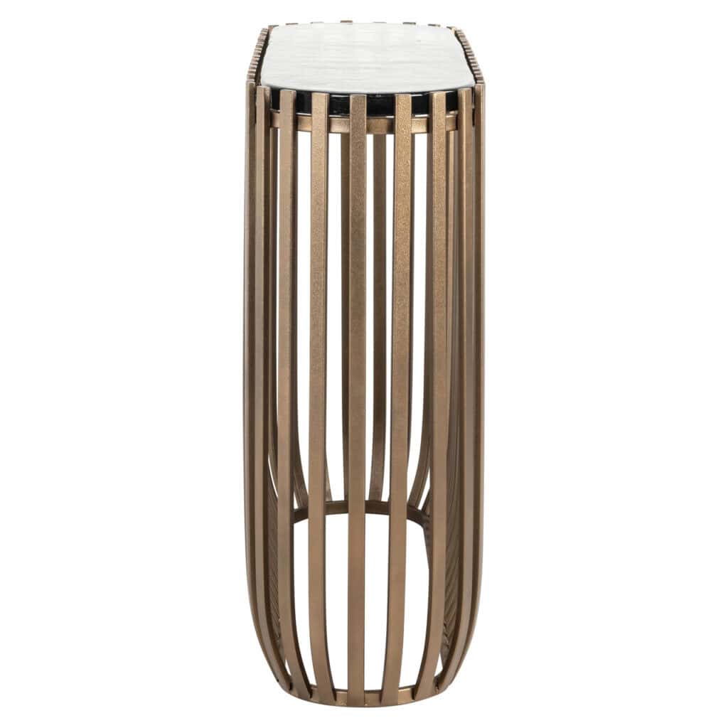 Moderne houten bijzettafel met open frame en ronde top, elegant en functioneel.