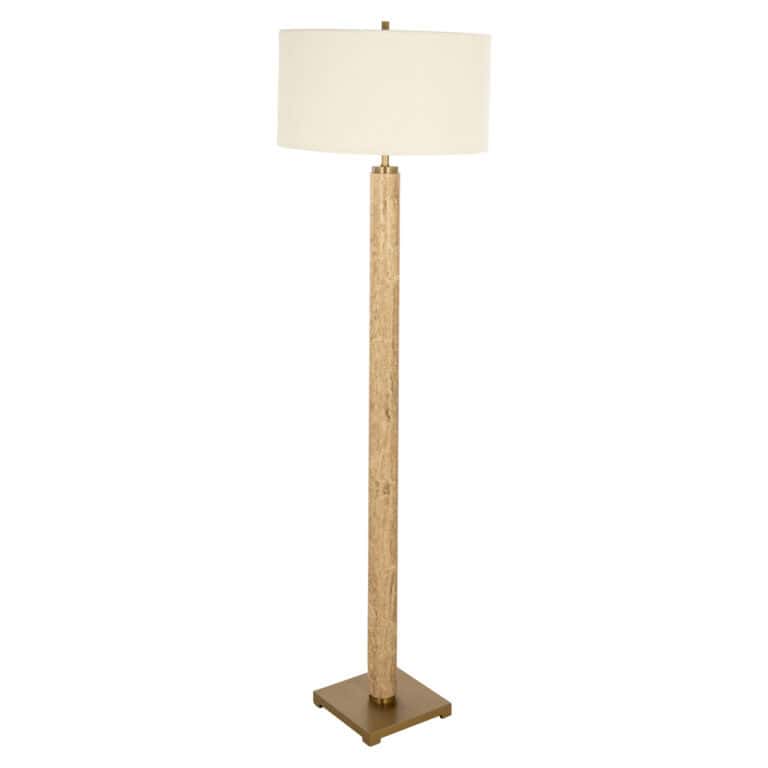 Vloerlamp met houten standaard en witte lampenkap voor modern interieur.