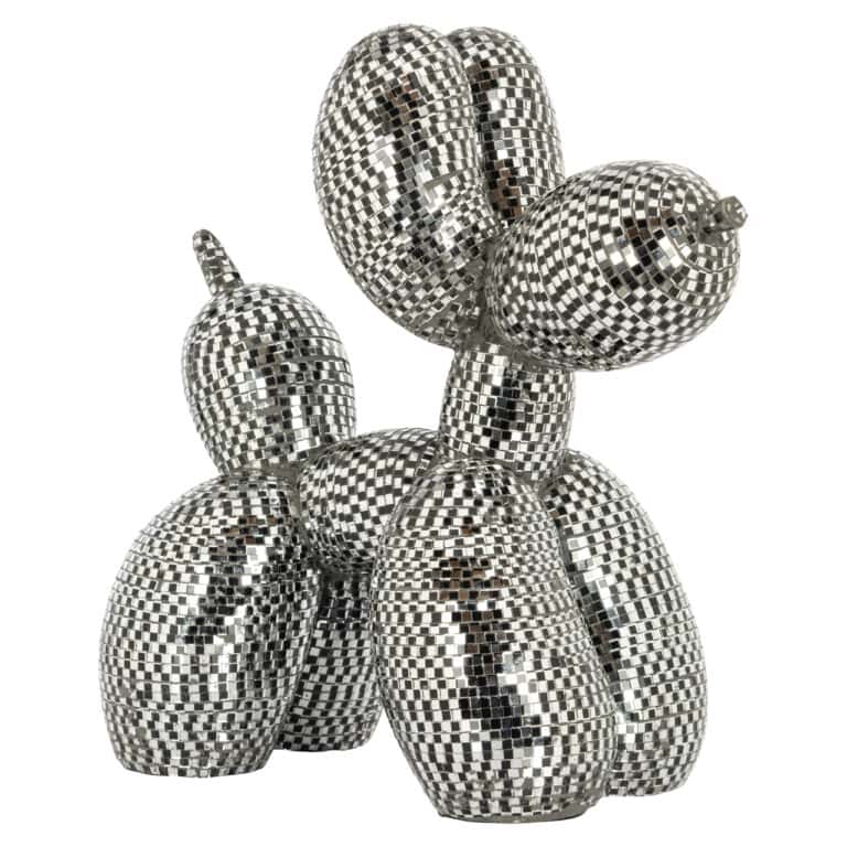 Modern disco ball sculpture with reflective square tiles for interior decoration.