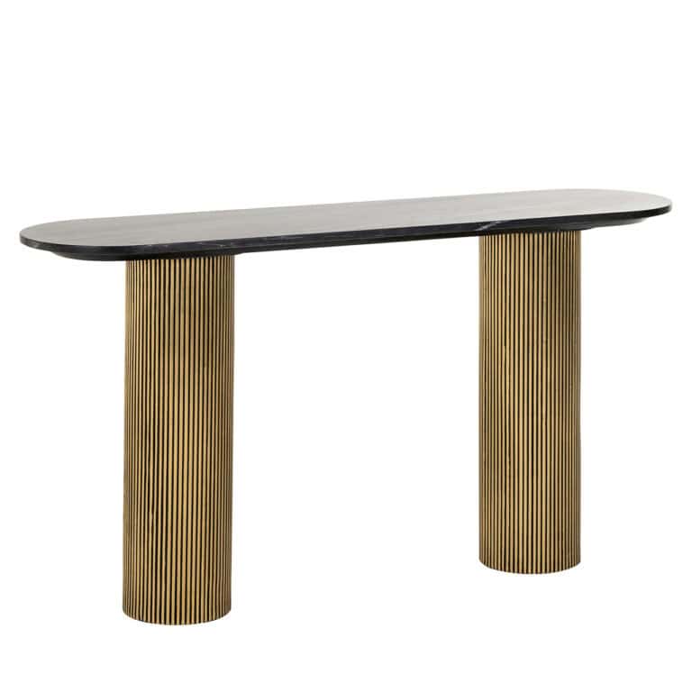 Luxe console tafel met zwart blad en goudkleurige, geribbelde poten voor modern interieur.