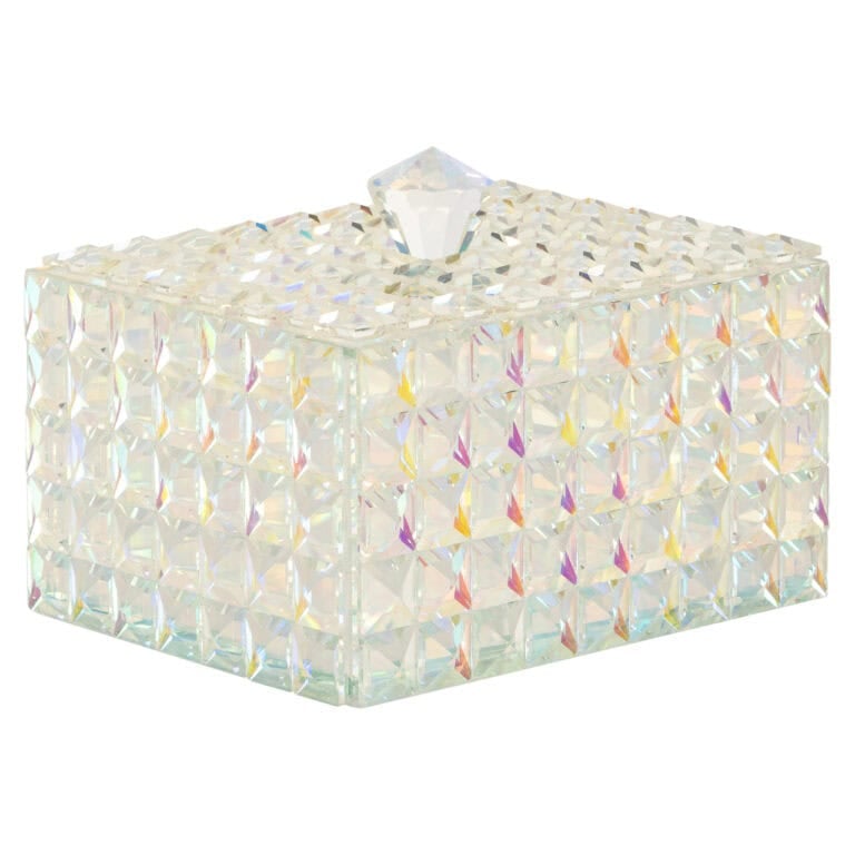 Glazen sieradenbox met iriserende, holografische afwerking voor luxe opbergoplossingen.