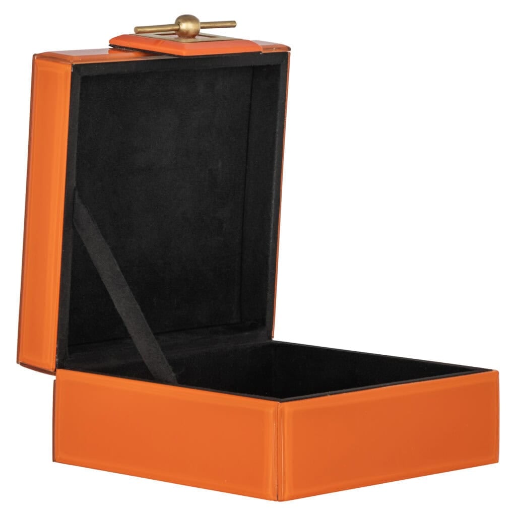 Luxe oranje sieradendoos met zwart binnenkant voor elegante opslag.