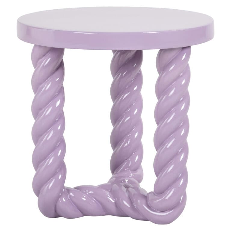 Side table with turned legs in pastel purple, a modern interior accessory.