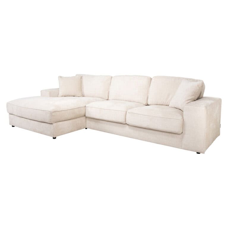 Bequemes, cremefarbenes Ecksofa mit Chaiselongue, perfekt für eine moderne Einrichtung.