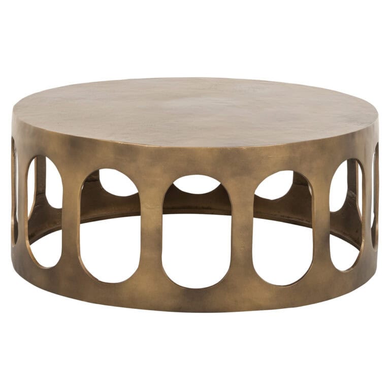 Gouden salontafel met ovale openingen, modern en stijlvol, perfect voor luxe interieurontwerp.