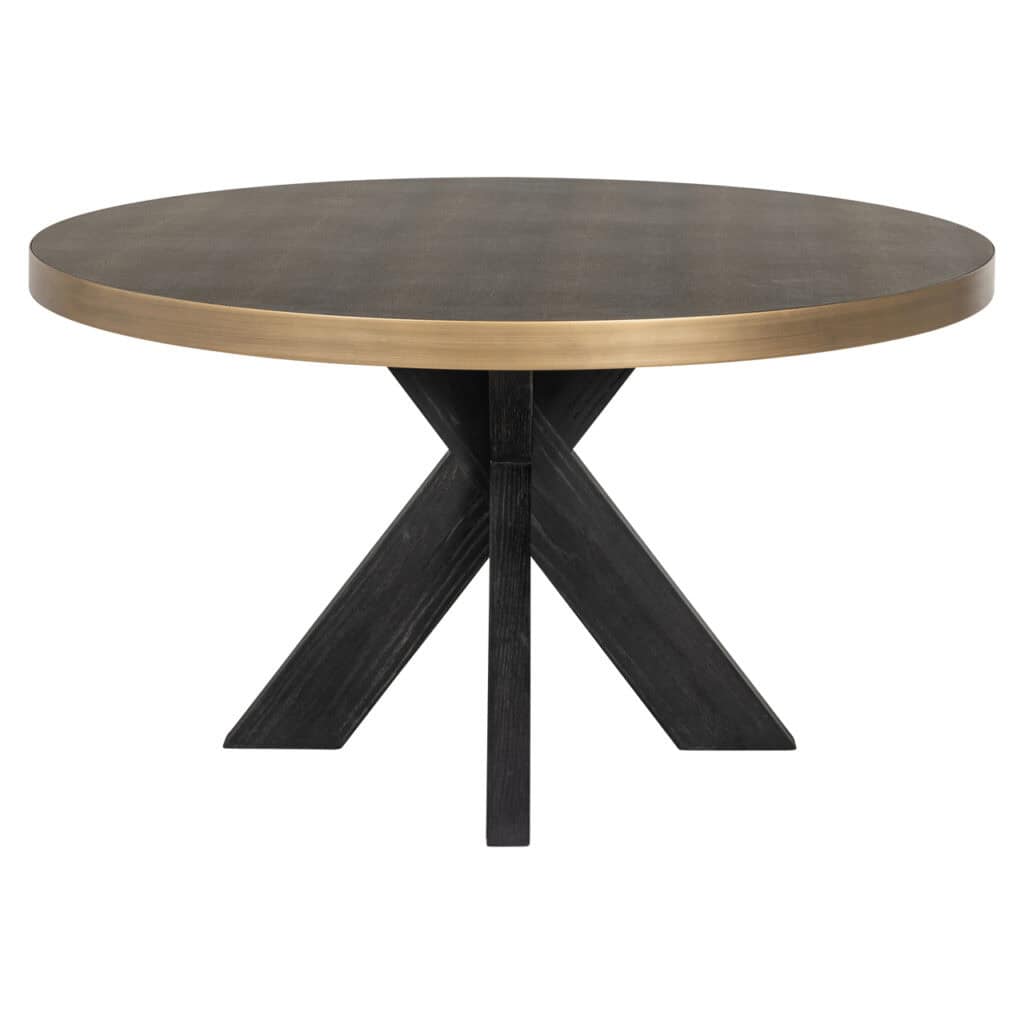 Moderne eettafel met houten blad en zwart onderstel, perfect voor stijlvolle interieurs.