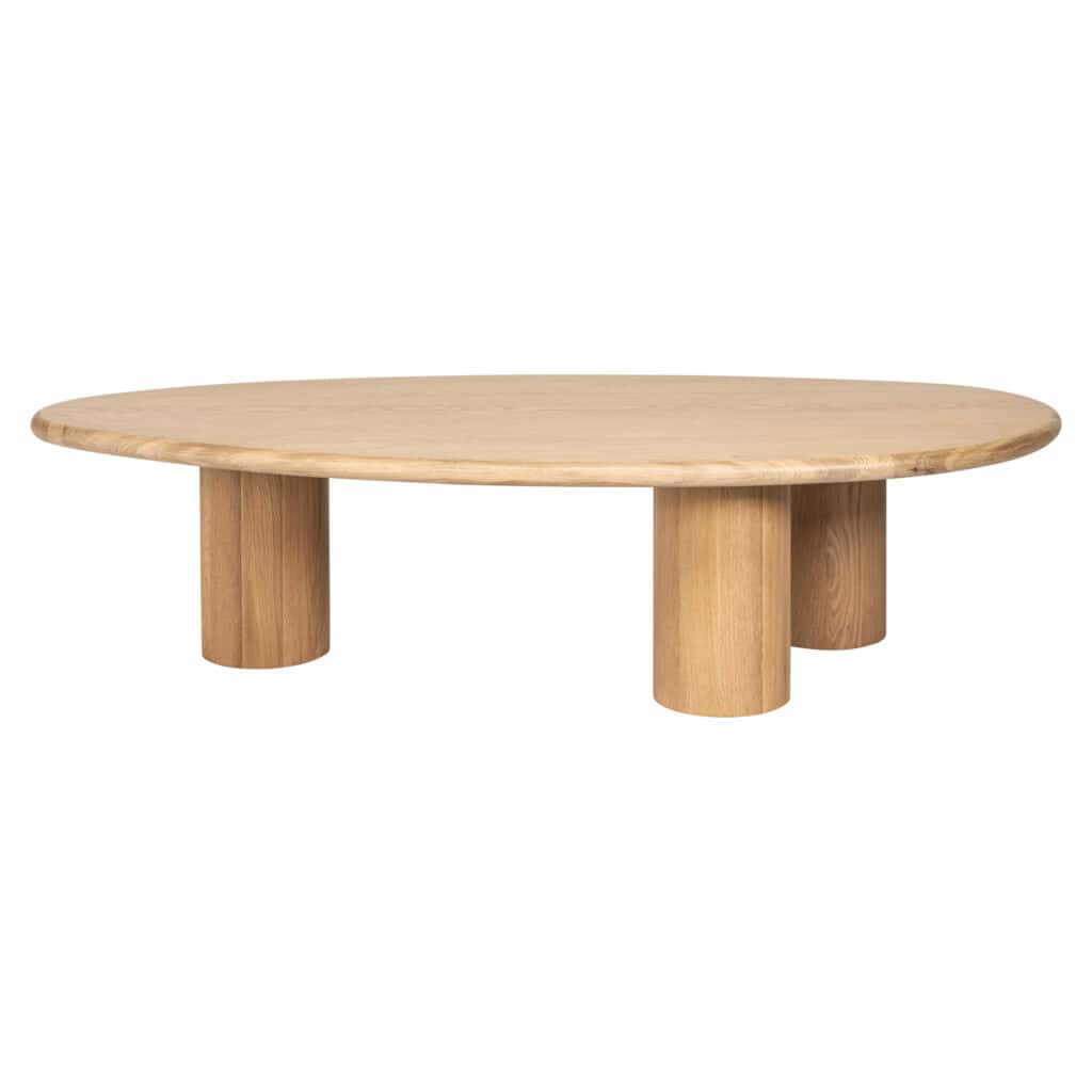 Moderner Couchtisch aus Holz mit drei stabilen Beinen, ideal für die Inneneinrichtung.