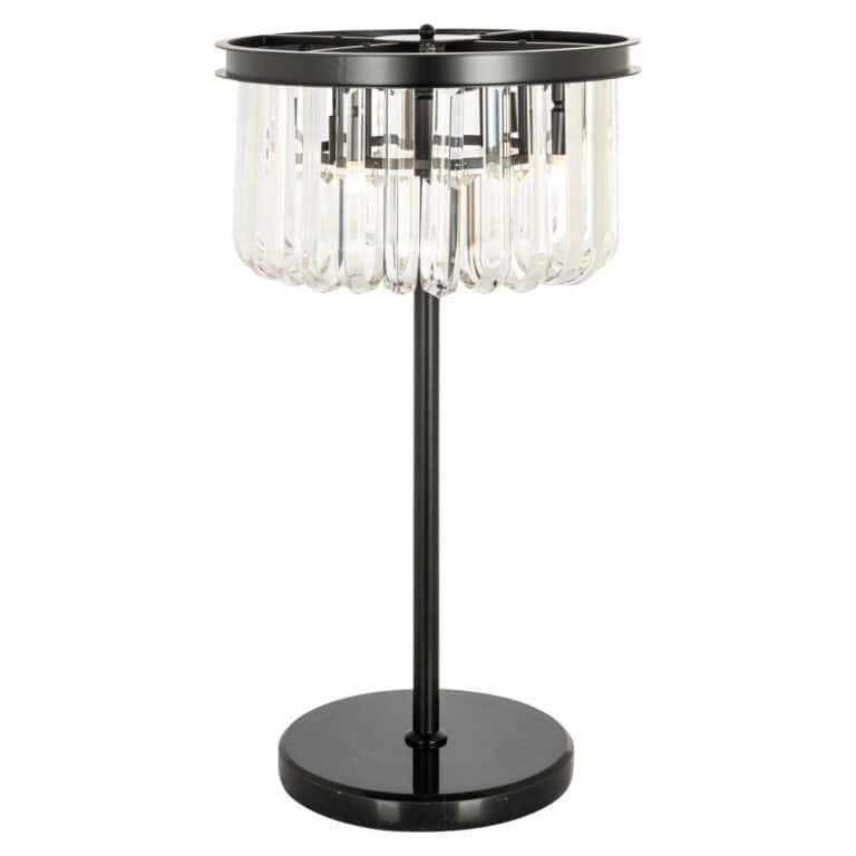 Moderne glazen tafellamp met zwart metalen voet en elegante design.
