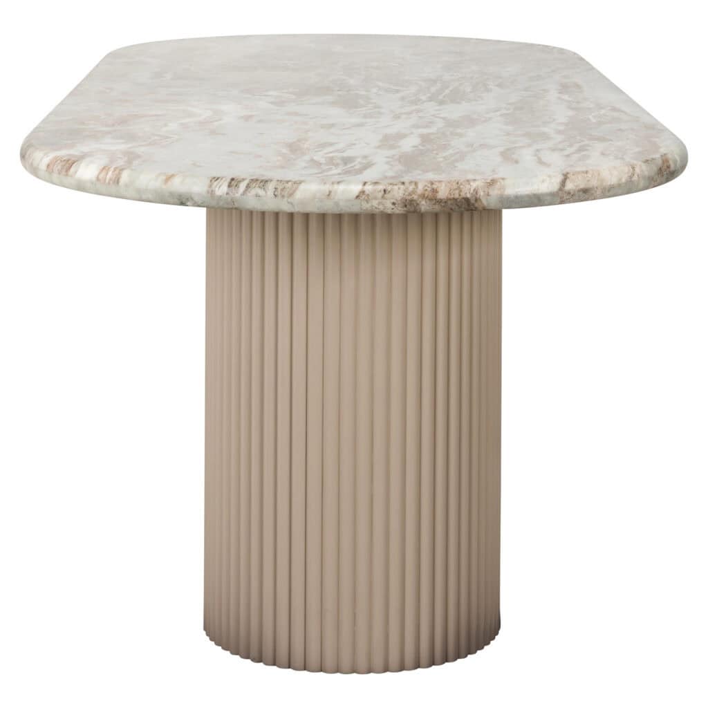 Marmeren bijzettafel met ribbelige cilindervormige voet, modern design.