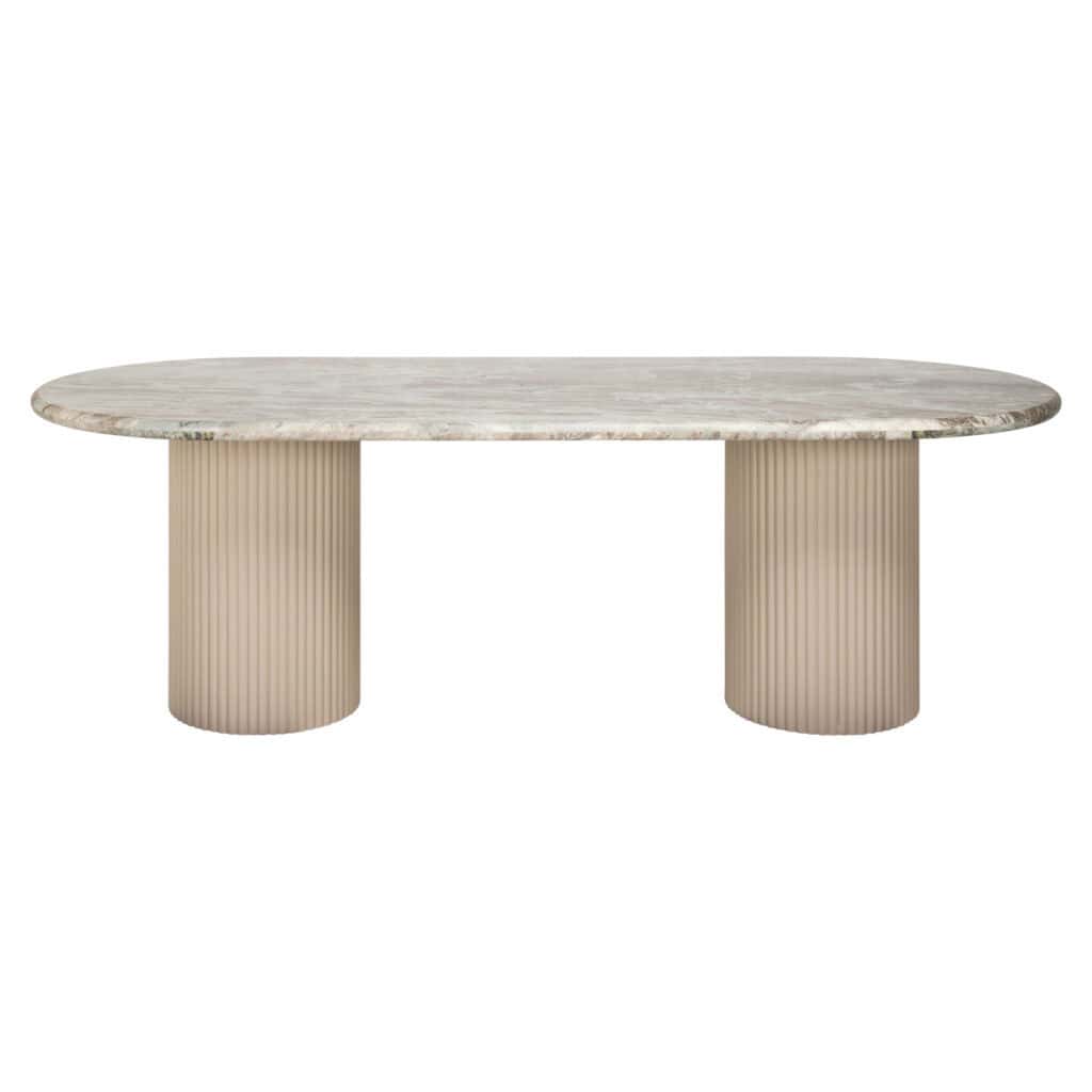 Modern dining table with a marble top and fluted legs, perfect for stylish interiors.