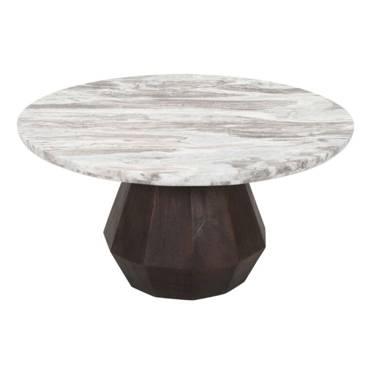 Marmeren salontafel met houten basis, modern interieur, stijlvolle woonaccessoire.