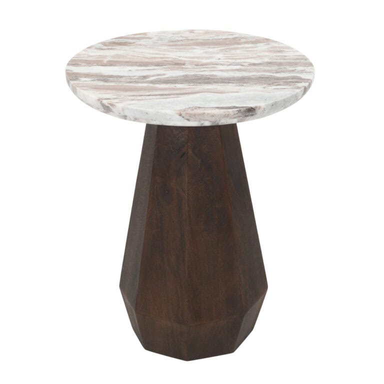 Bijzettafel met marmeren blad en houten onderstel voor modern interieur.