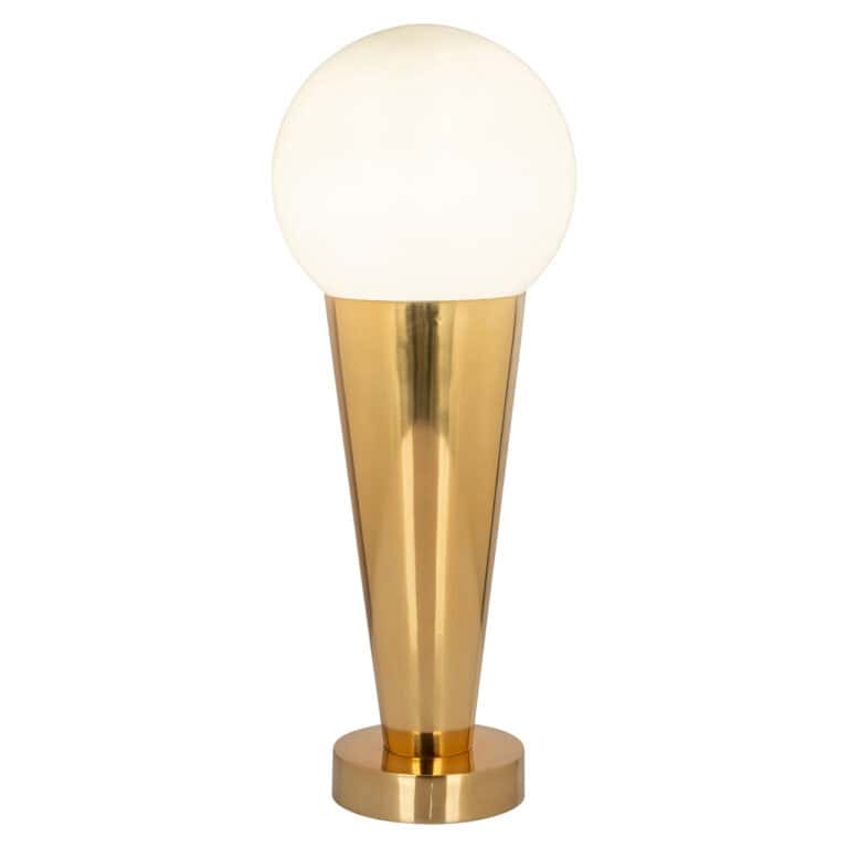 Goldene Tischlampe mit weißem, kugelförmigem Lampenschirm, modernes Wohnaccessoire für stilvolle Wohnräume.