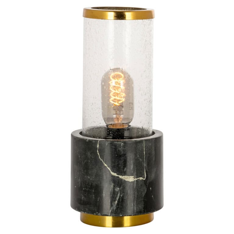Luxe tafellamp met glazen omhulsel, goud en zwart design, modern interieuraccessoire.