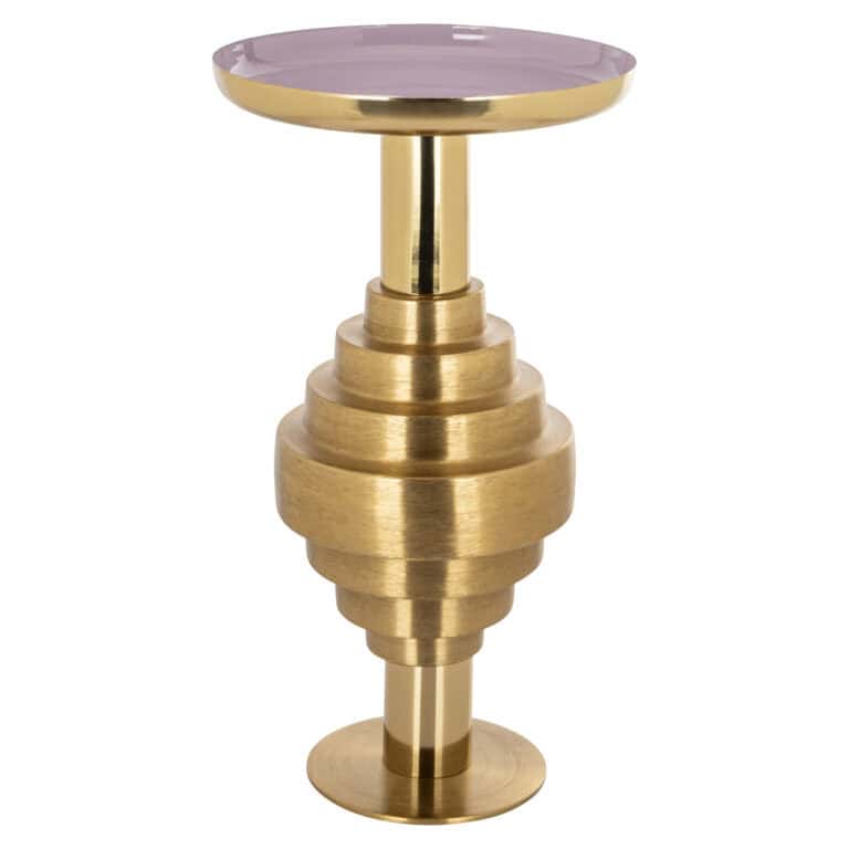 Luxe gouden bijzettafel met paars glazen blad, modern interieuraccessoire.