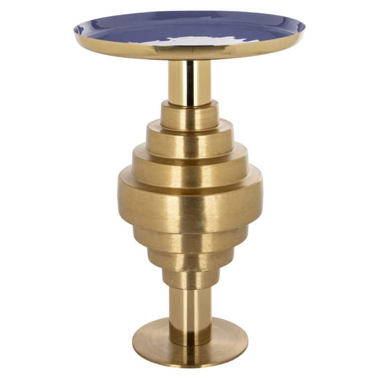 Gouden bijzettafel met blauwe keramische top, modern design, luxe interieuraccessoire.