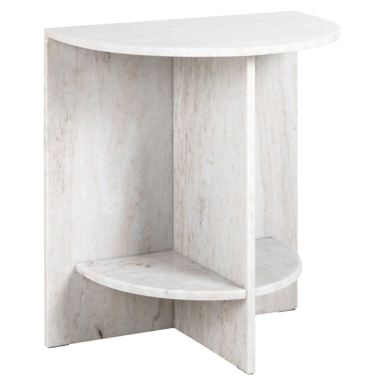 Moderne witte marmeren bijzettafel met halfronde vorm en strakke lijnen.