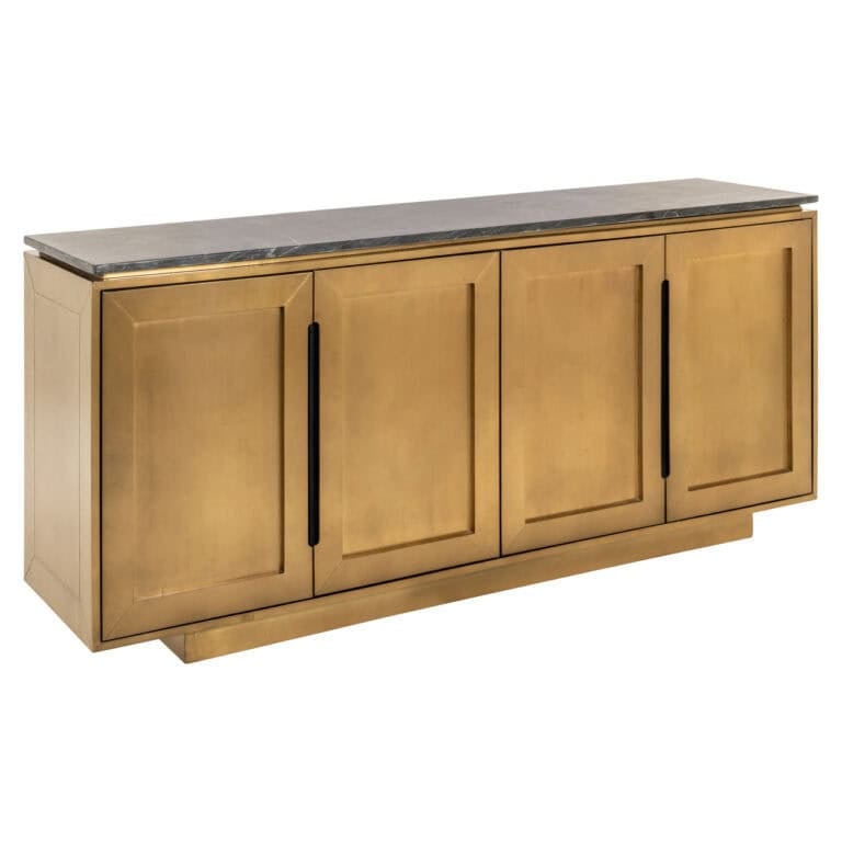 Elegant houten dressoir met marmeren blad, perfect voor moderne interieurdecoratie.
