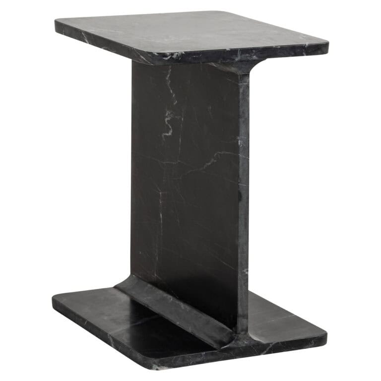 Zwarte marmeren bijzettafel met strakke, moderne uitstraling.