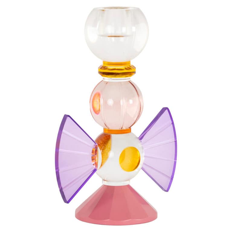 Decorative glass vase featuring colorful geometric shapes and transparent details.