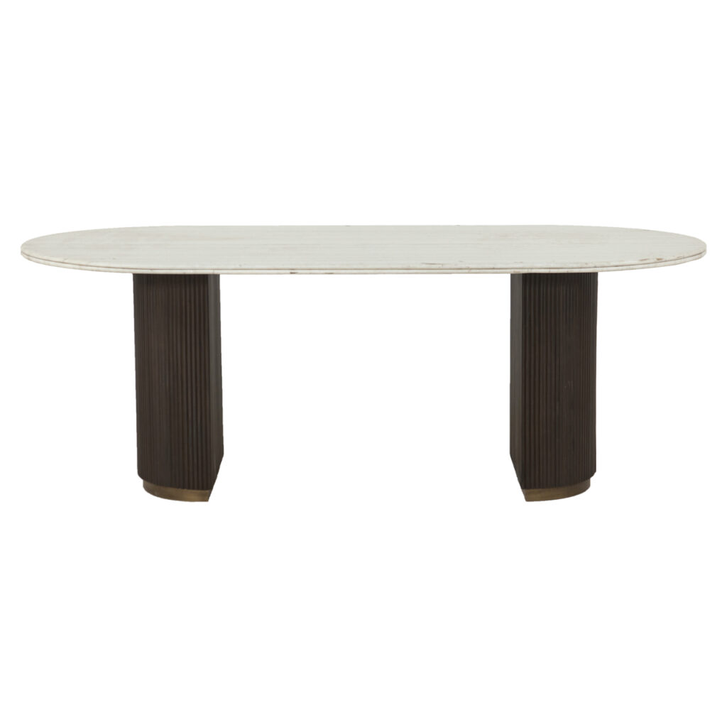 Moderne eettafel met wit blad en donkere houten poten, stijlvol en elegant design.