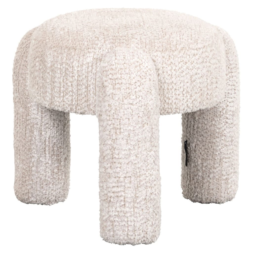 Zachte, ronde poef in crèmekleurige textuur, perfect voor modern interieur.