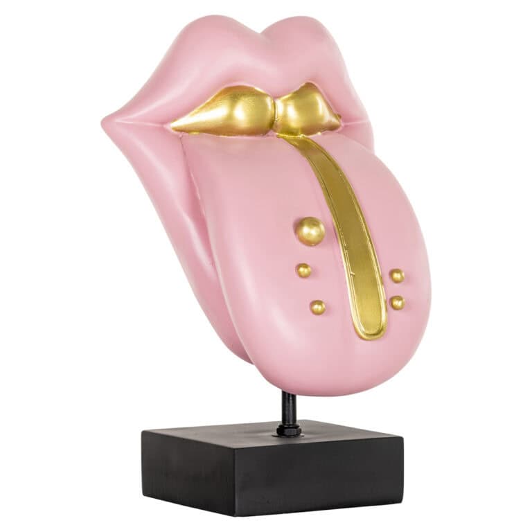 Sculptuur van lippen met tong en gouden lippenstift, modern kunstobject voor interieurdecoratie.