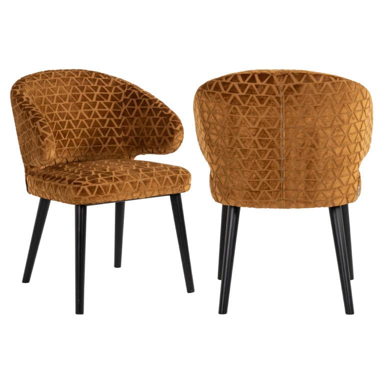 Oranje velvet eetkamerstoel met zwart houten poten, modern en comfortabel design.