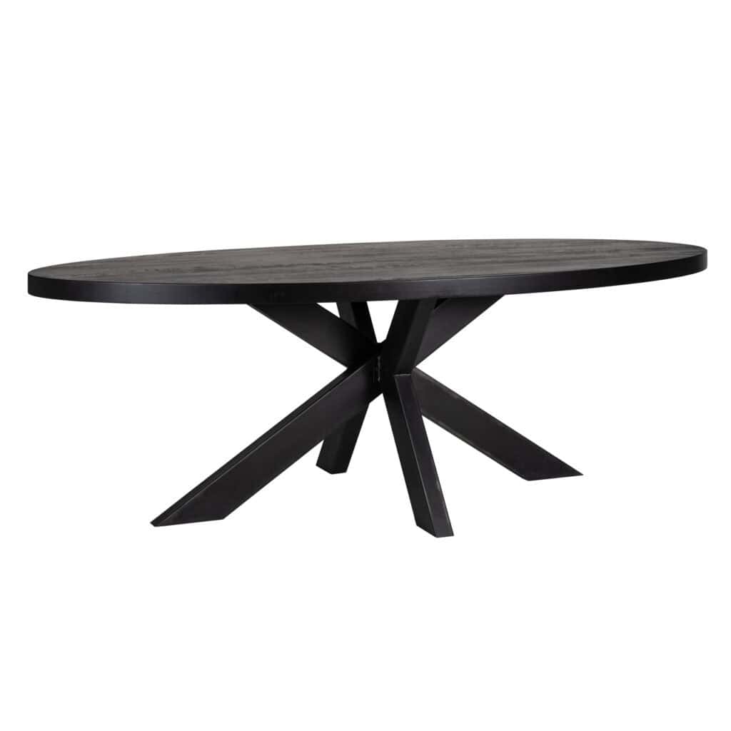Moderne eettafel met houten blad en zwart onderstel, perfect voor stijlvolle interieurs.
