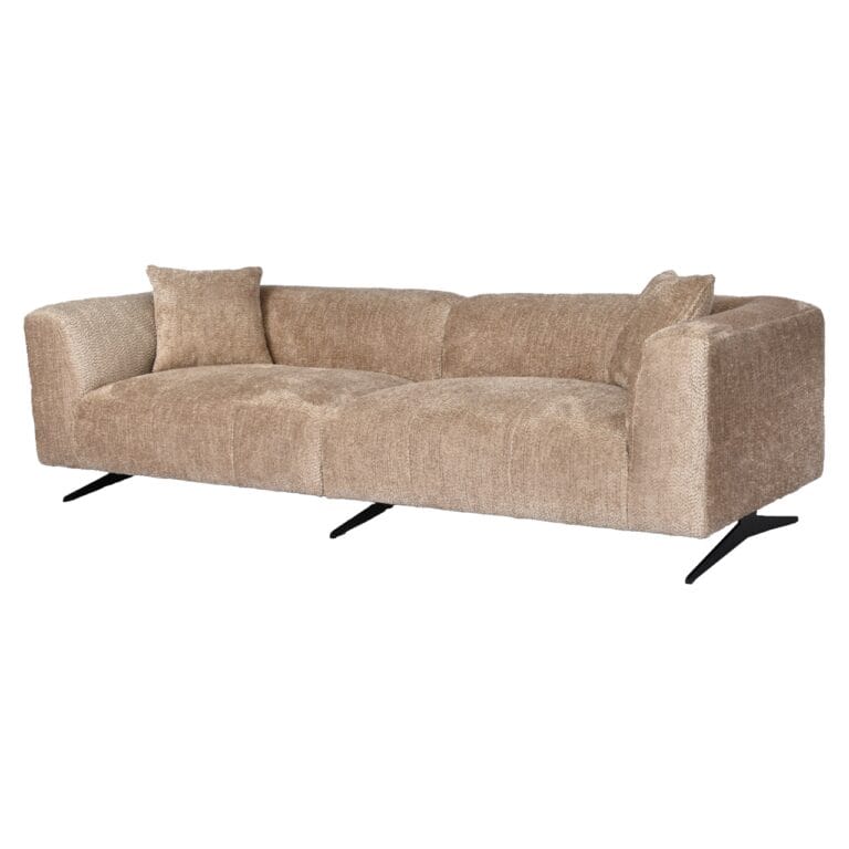 Moderne beige bank met zwarte poten, perfect voor stijlvolle woonkamer inrichting.