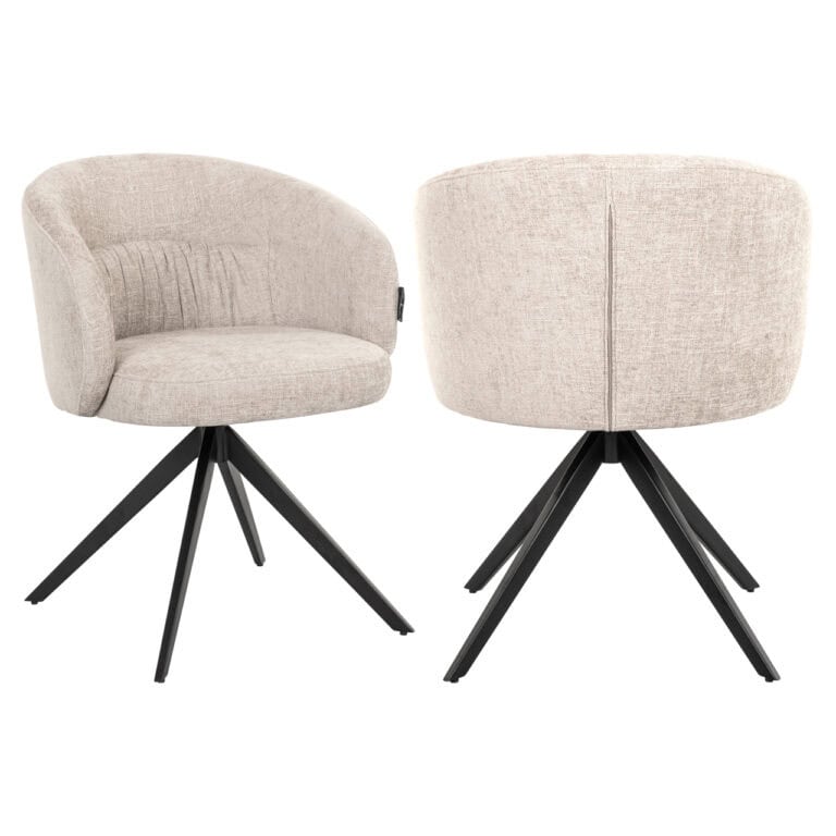 Moderne beige eetkamerstoel met zwarte houten poten, comfortabel en stijlvol.