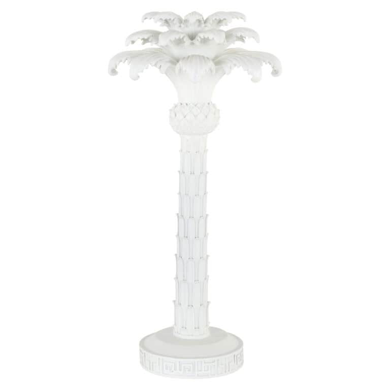 Witte tuinfontein met palmenmotief, decoratief en rustgevend voor buitengebruik.