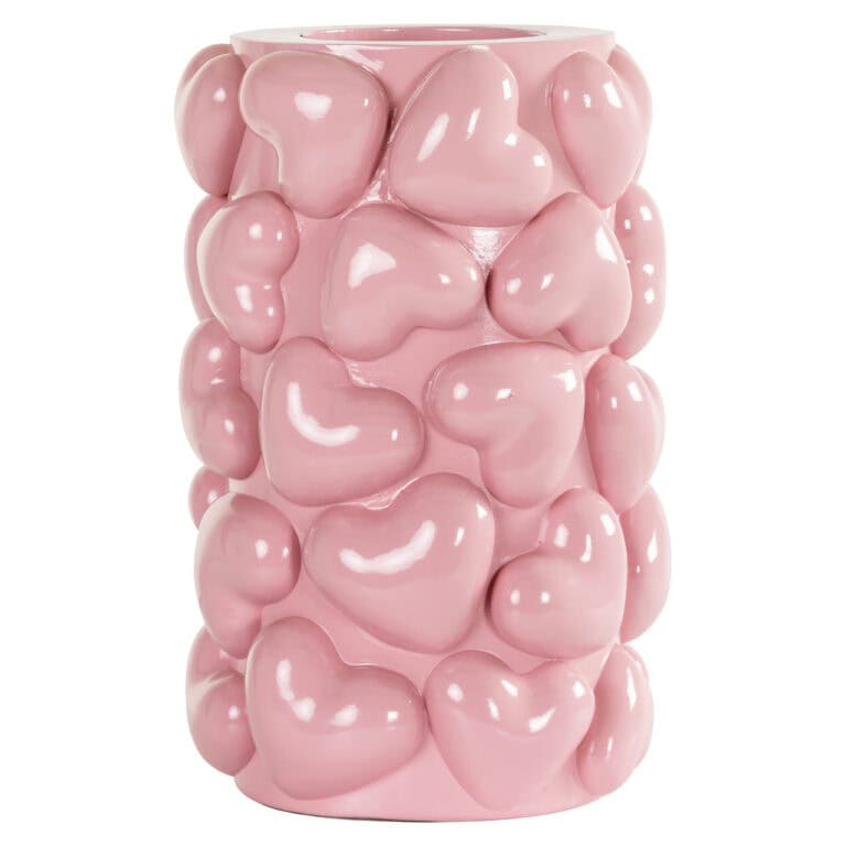 Hartvormige keramische vaas in zachtroze, perfect voor romantisch interieur.