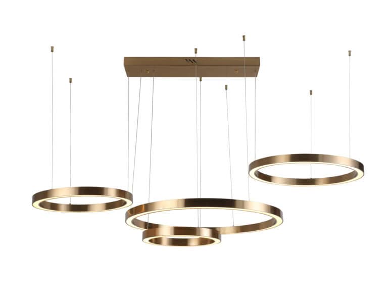 Luxe gouden hanglamp met cirkelvormige elementen voor modern interieur.