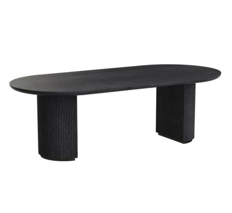 Zwarte houten salontafel met cilindrische poten, modern design, perfect voor interieurdecoratie.