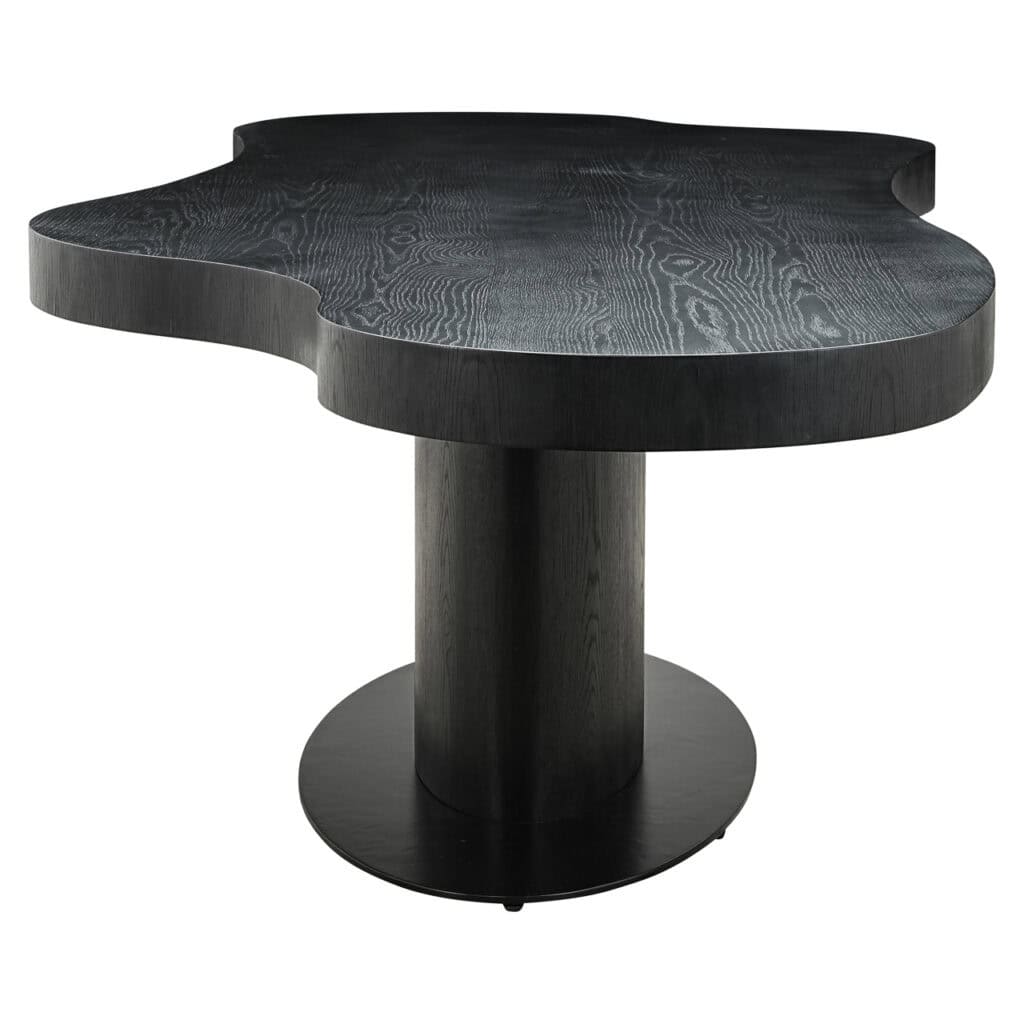 Zwarte houten salontafel met uniek organisch ontwerp, perfect voor moderne interieurstijlen.