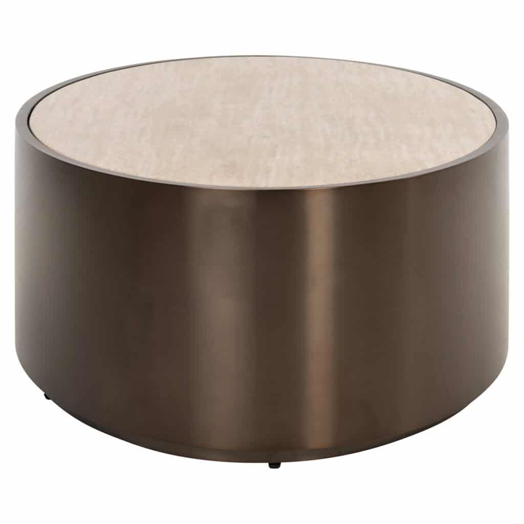 Moderne ronde salontafel met metalen afwerking en marmeren blad, perfect voor eigentijdse interieurd.