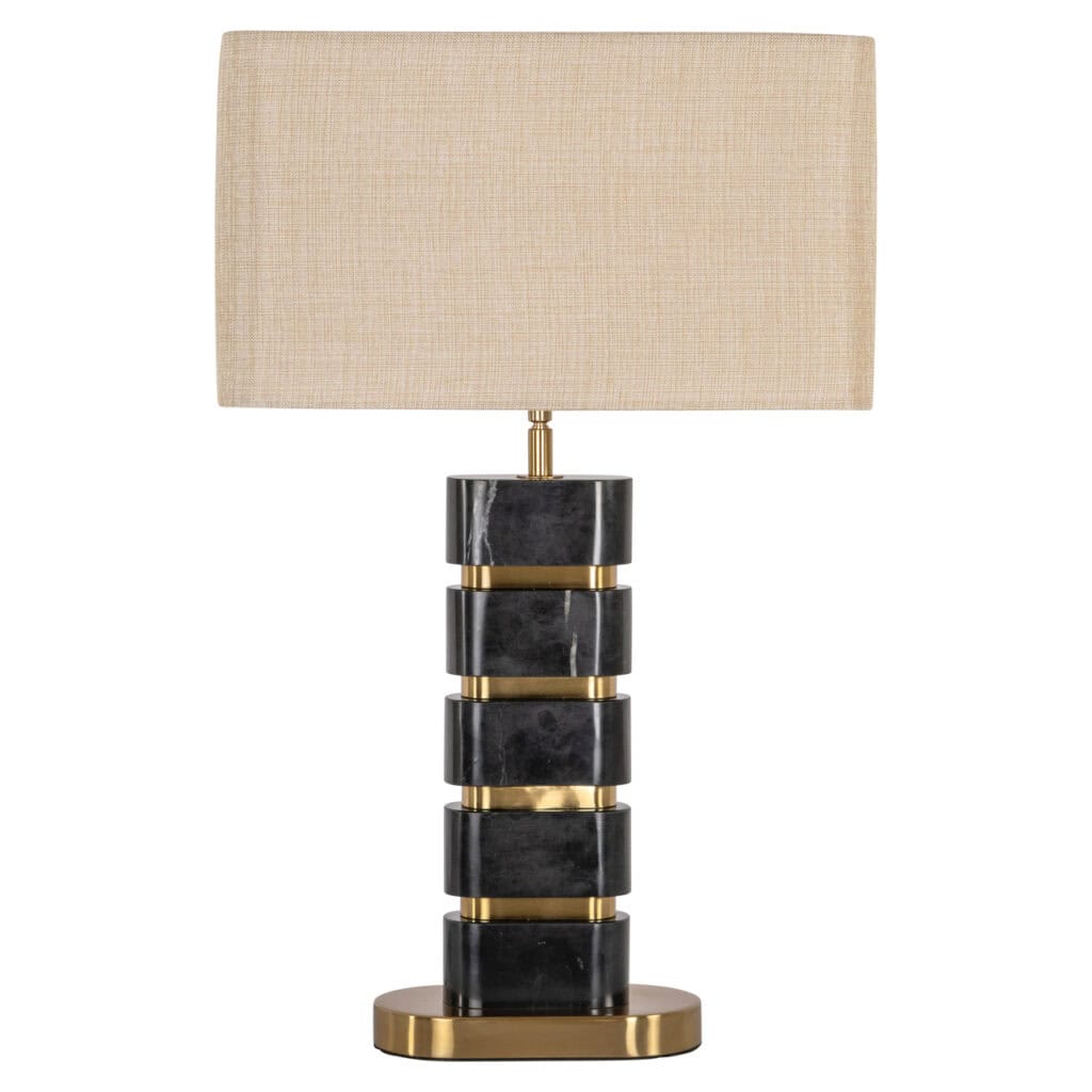 Luxurious black and gold table lamp with a beige shade, perfect for an elegant interior.