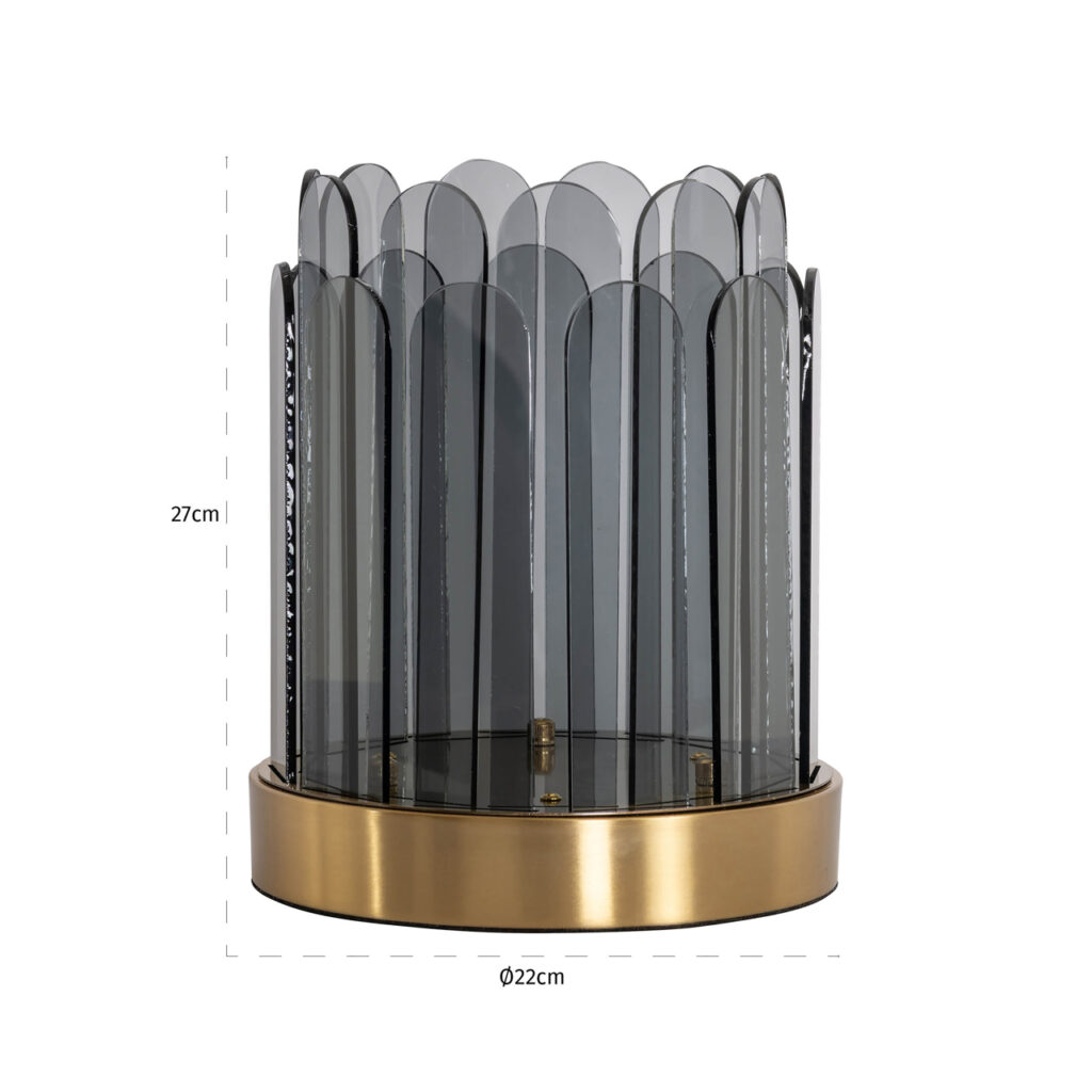 Decoratieve lamp met glazen details en goudkleurige basis, perfect voor modern interieur.