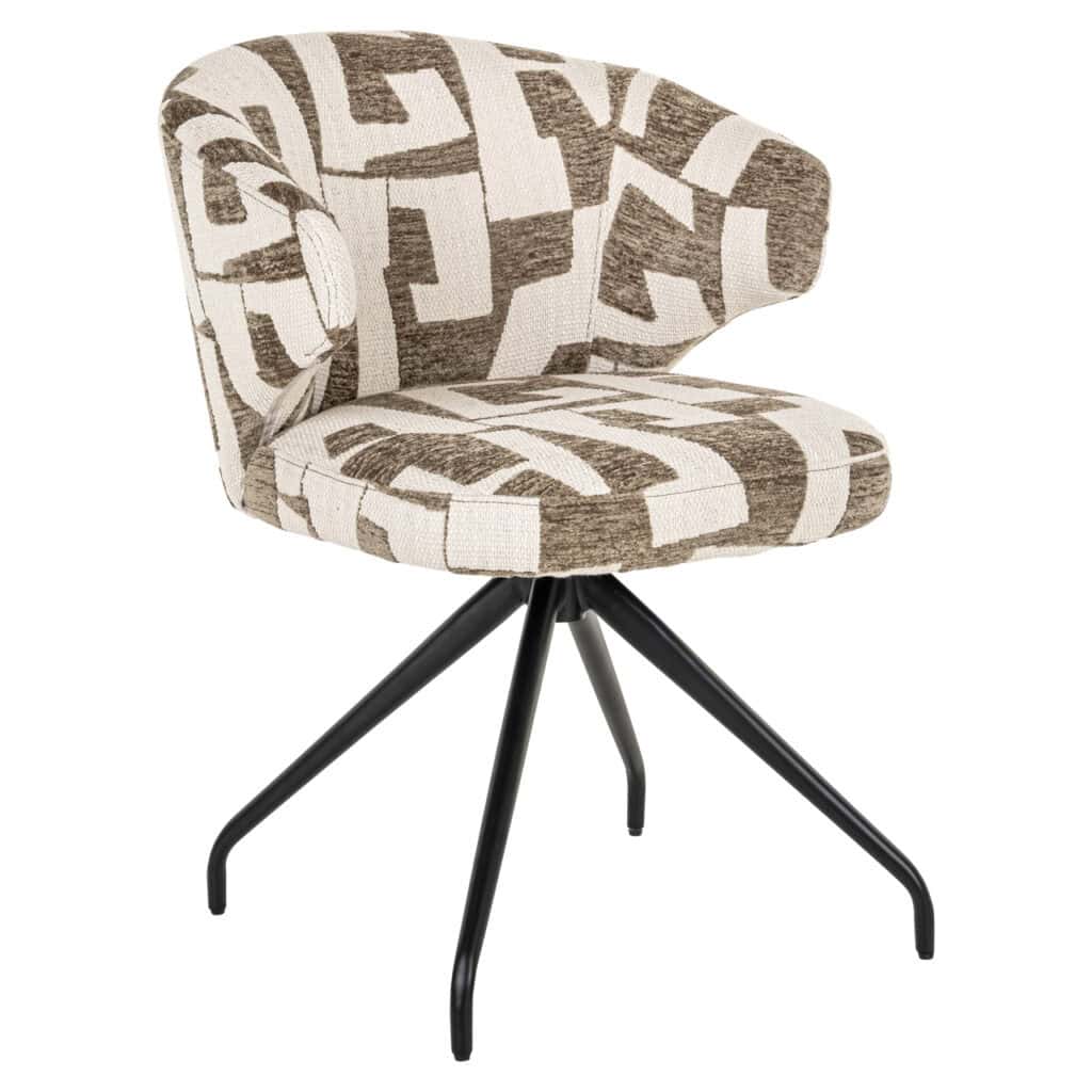 Moderne bureaustoel met geometrisch patroon in beige en bruin, comfortabele zit en zwart metalen ond.