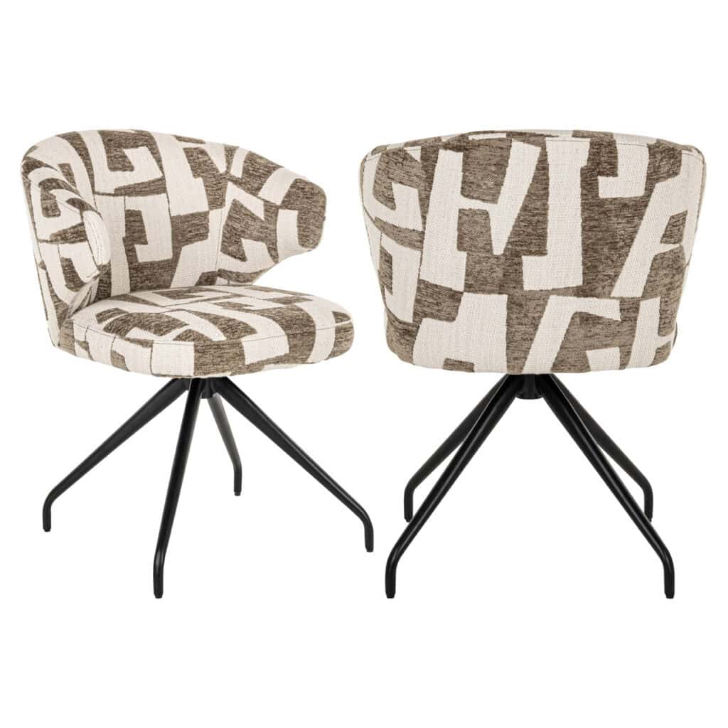 Comfortabele gestoffeerde eetkamerstoelen met geometrisch patroon en zwart metalen poten.