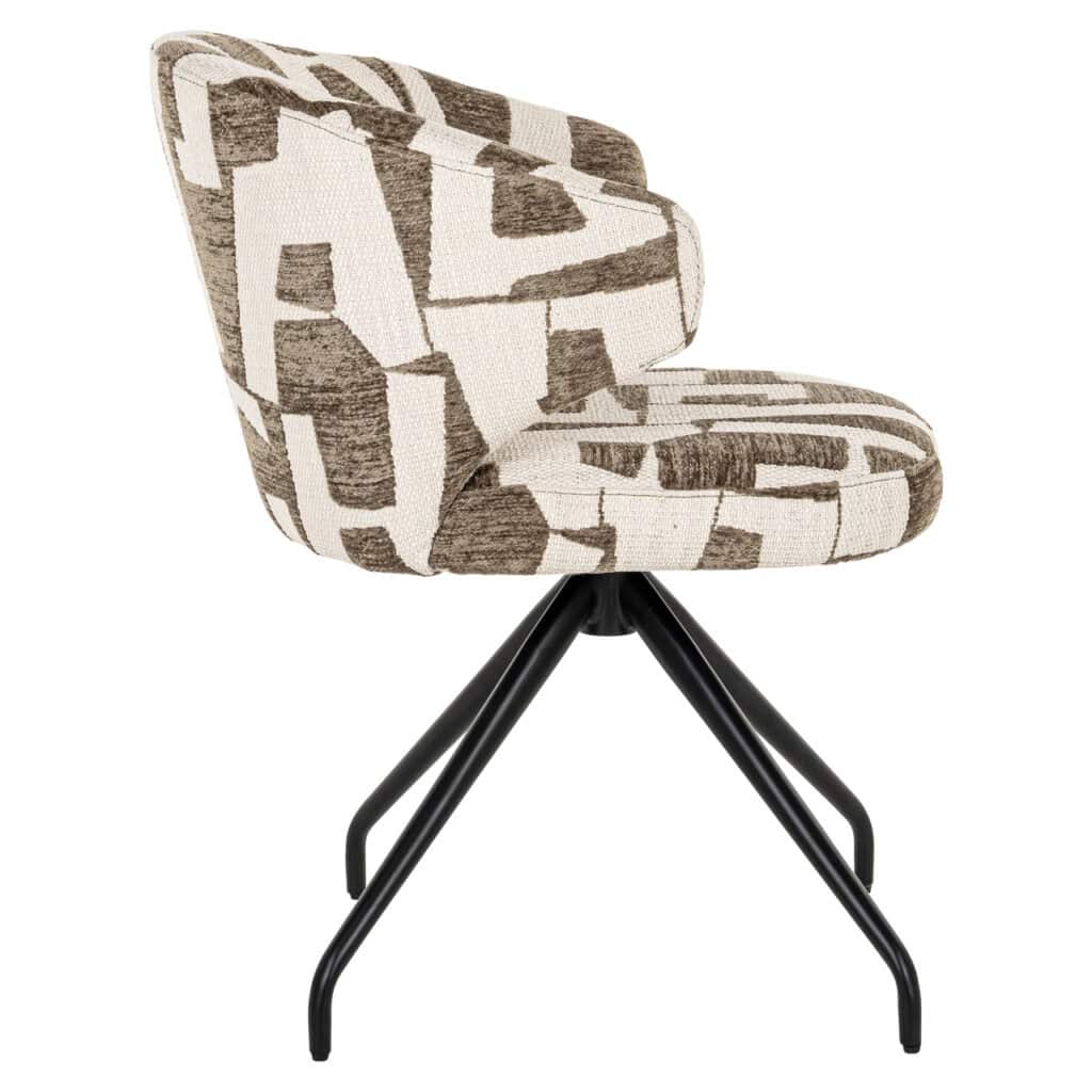 Geometrisch gestoffeerde eetkamerstoel met zwart metalen onderstel, perfect voor modern interieur.