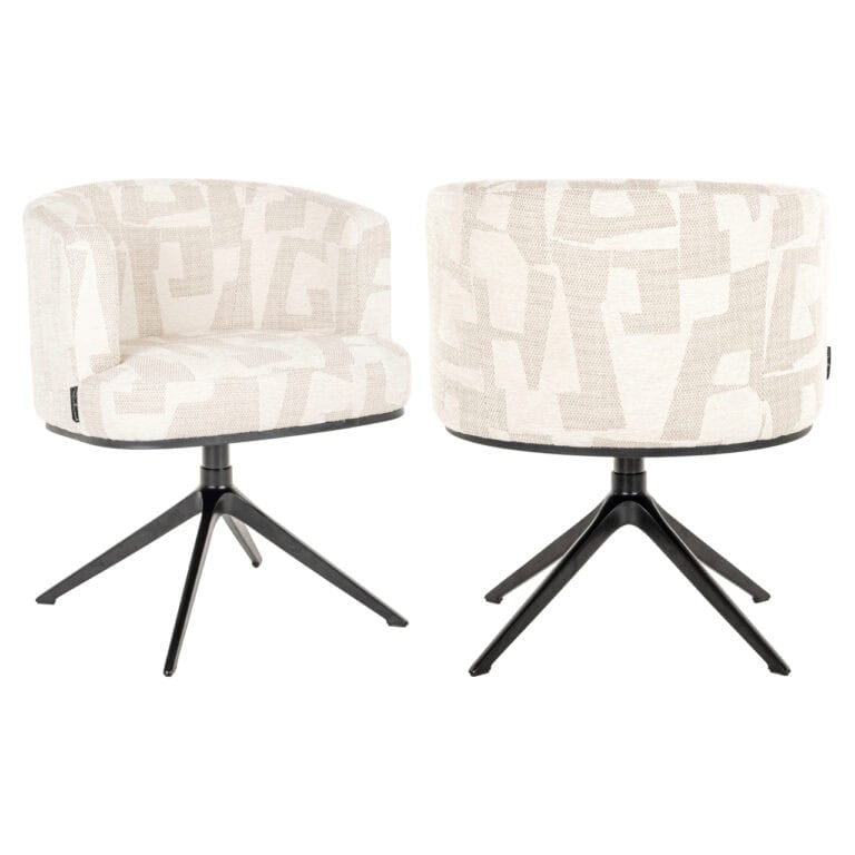 Moderne draaibare lounge stoelen met abstract patroon en zwarte metalen poot.