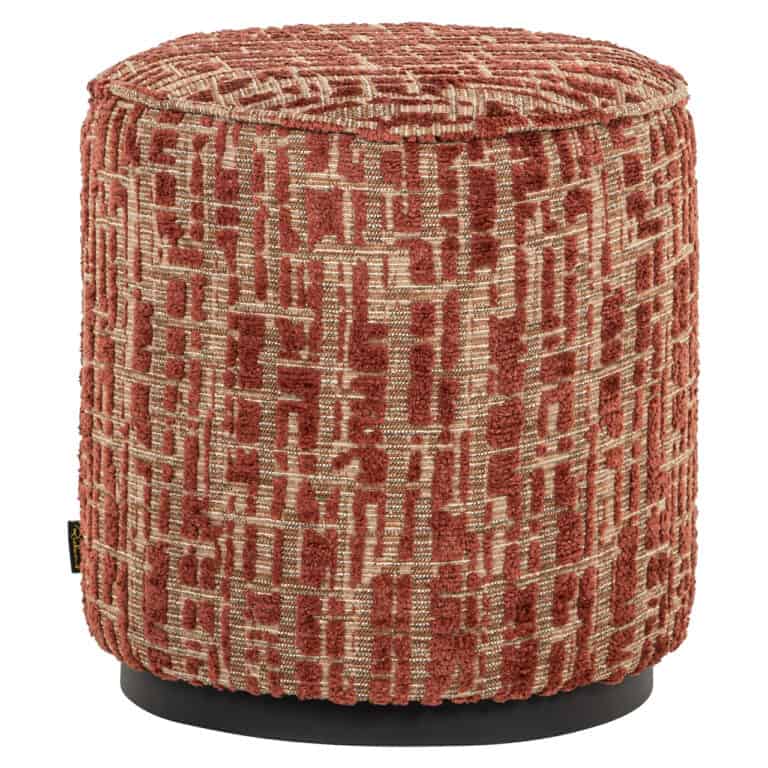 Rood en beige geometrische gestoffeerde kruk met ronde vorm en zwarte basis.