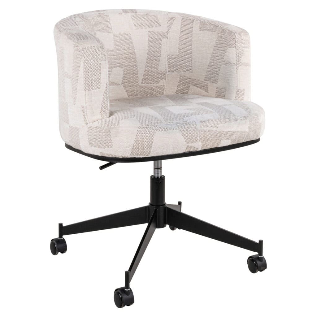 Moderne kantoorstoel met comfortabele stoffen bekleding en wieltjes voor flexibel gebruik.