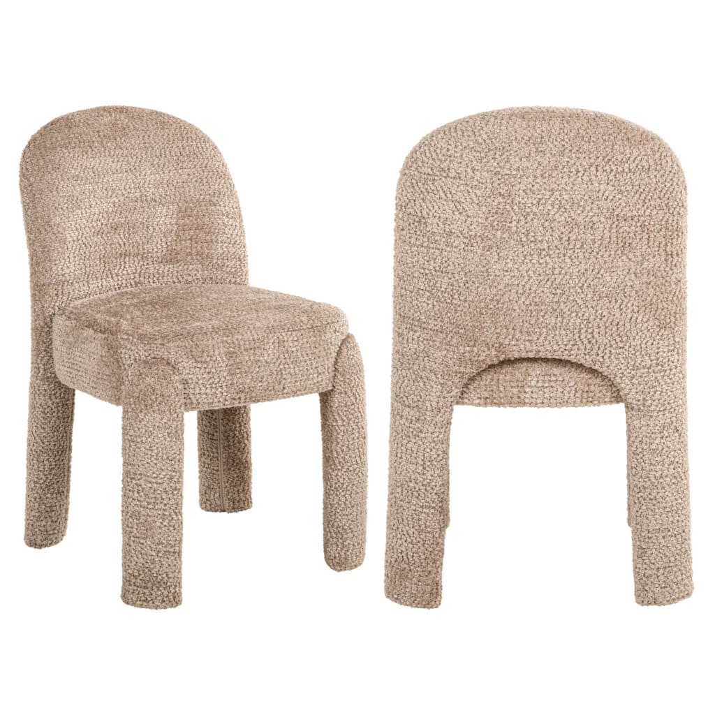 Kleedstoelen in beige stof, modern en comfortabel, perfect voor een stijlvolle woonkamer of zithoek.