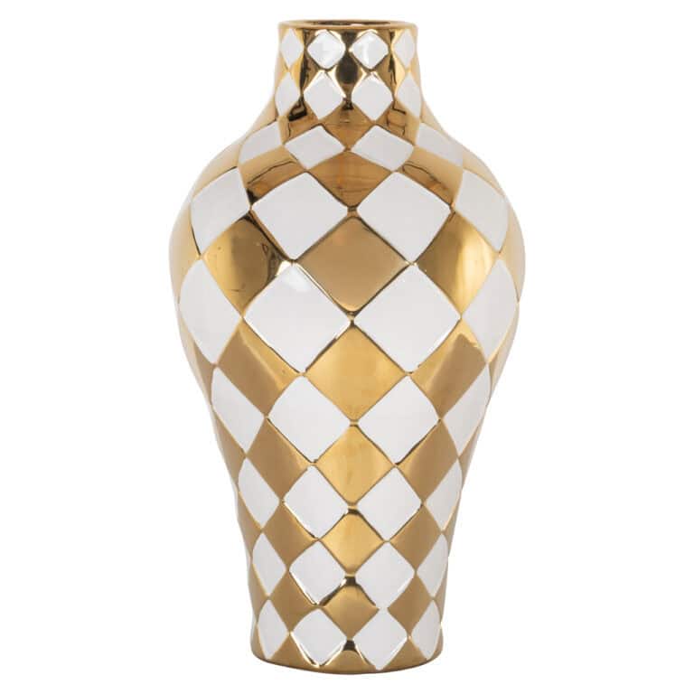 Luxe keramische vaas met gouden en witte geometrische patronen.