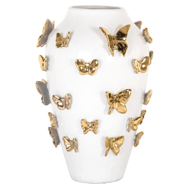 Vaas met gouden en zwarte vlinders, decoratief en elegant, perfect voor modern interieur.